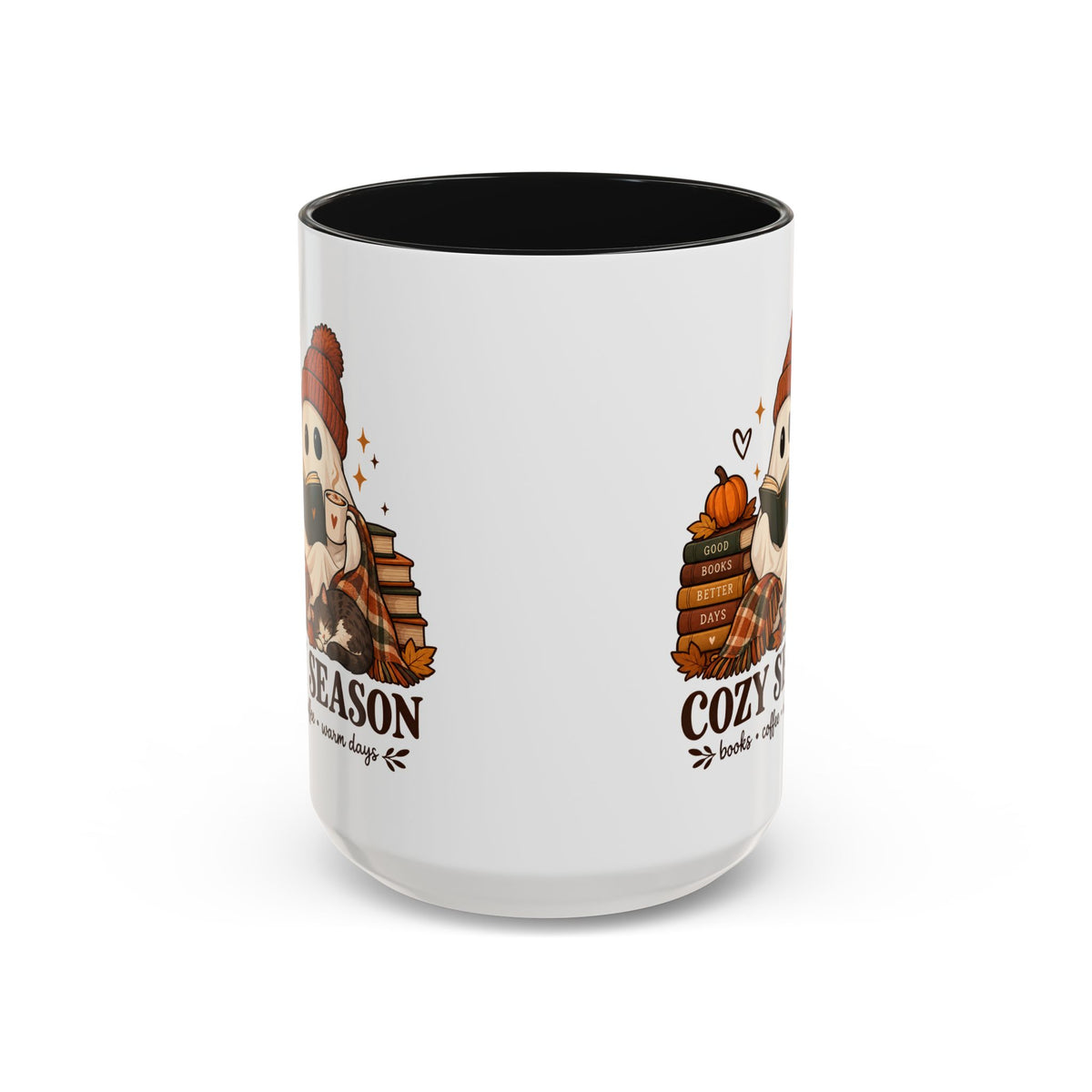 Cozy Season Ghost Accent Mug — Reading Ghost with Cat 11oz/15oz