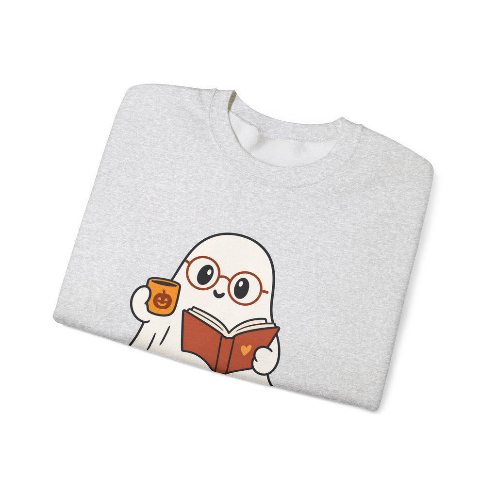 Ghost Reader Sweatshirt — Cute Bookworm Ghost on Stacked Books with Coffee