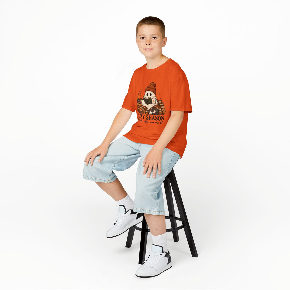 Kids Tee — "Cozy Season" Cute Ghost with Books & Pumpkin Fall Shirt