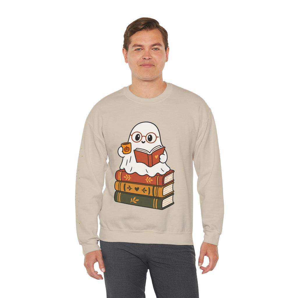 Ghost Reader Sweatshirt — Cute Bookworm Ghost on Stacked Books with Coffee