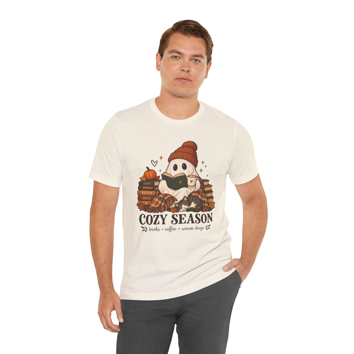 Cute Ghost with Books, Pumpkin & 'Cozy Season' Fall Shirt