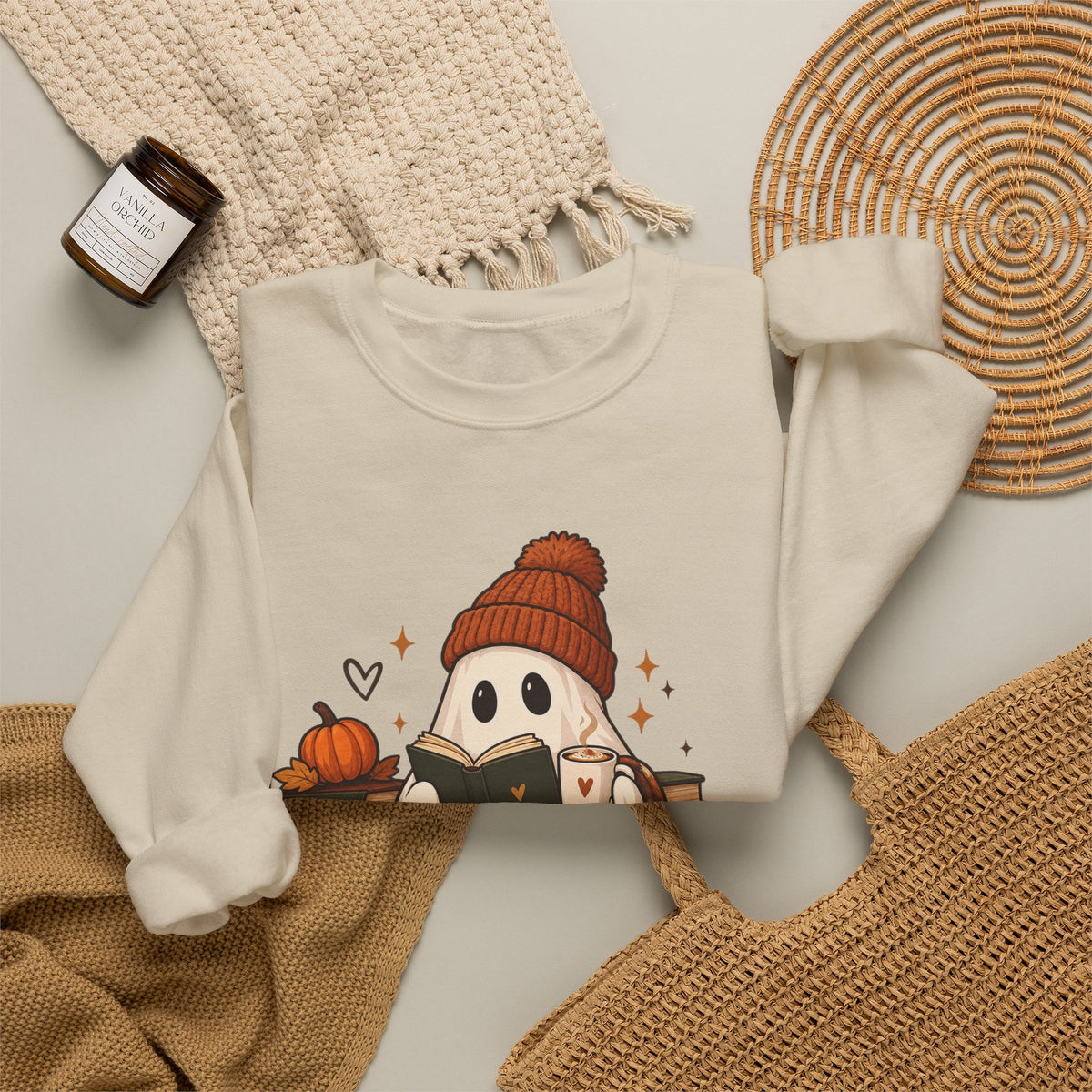 Cozy Season Sweatshirt — Cute Ghost with Books, Coffee & Warm Vibes