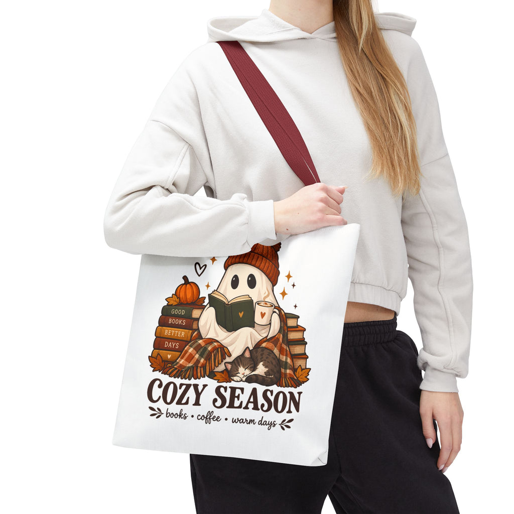 Cozy Season Tote Bag – Autumn Ghost Reading with Books, Coffee & Warm Days