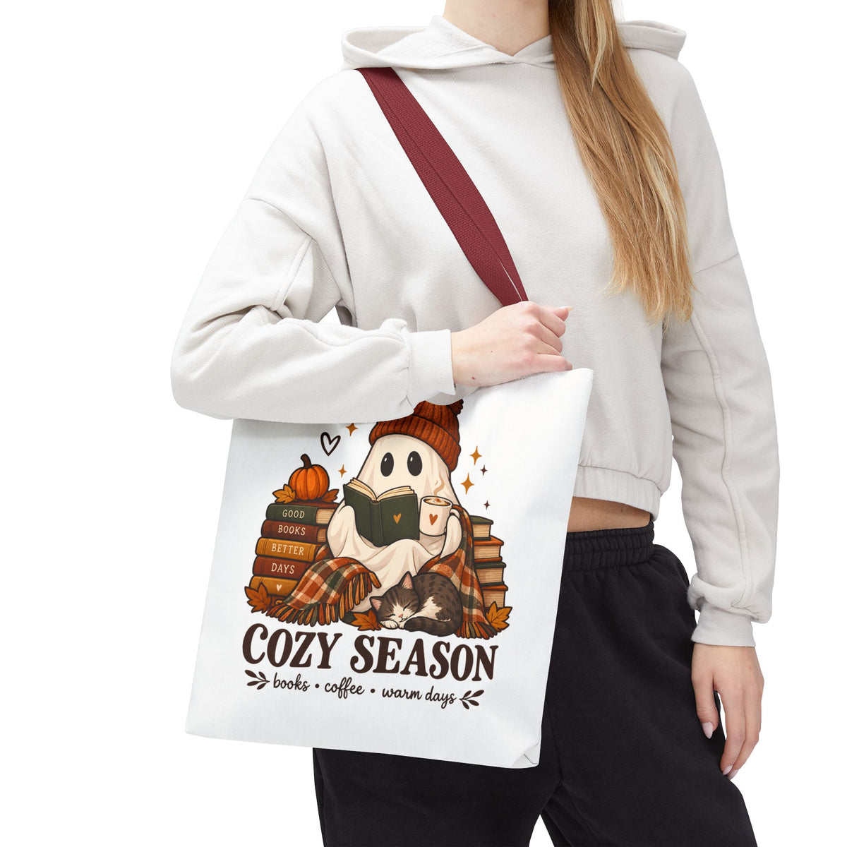 Cozy Season Tote Bag – Autumn Ghost Reading with Books, Coffee & Warm Days