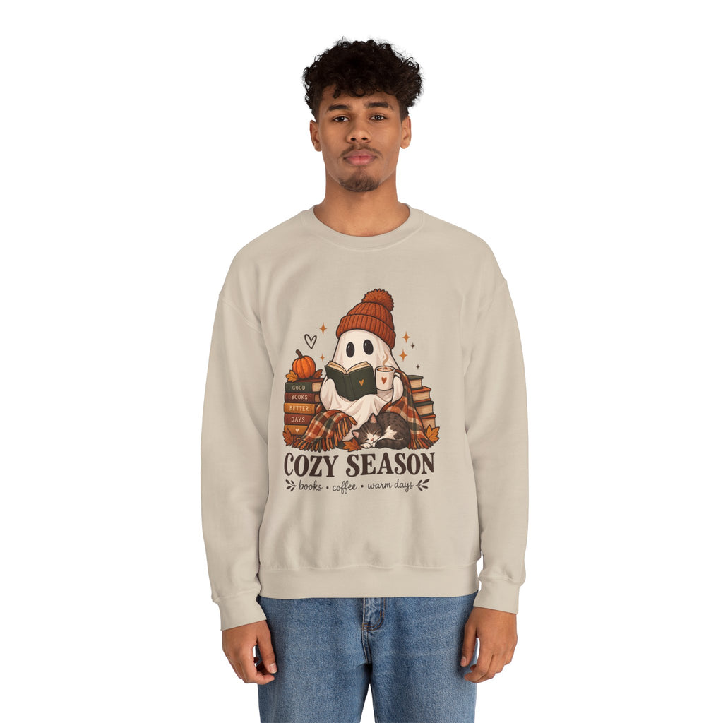 Cozy Season Sweatshirt — Cute Ghost with Books, Coffee & Warm Vibes