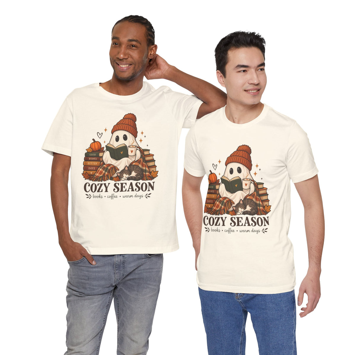 Cute Ghost with Books, Pumpkin & 'Cozy Season' Fall Shirt