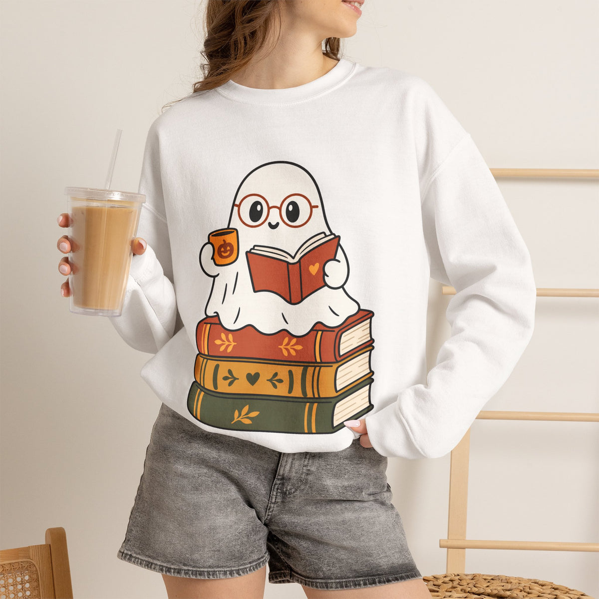 Ghost Reader Sweatshirt — Cute Bookworm Ghost on Stacked Books with Coffee