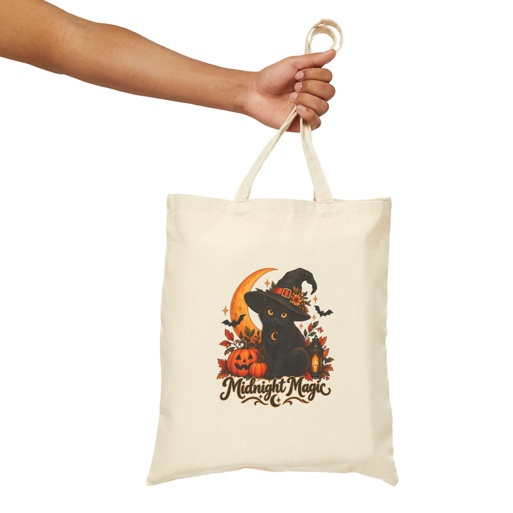 Midnight Magic Witchy Black Cat Tote Bag | Cute Spooky Canvas Book Bag