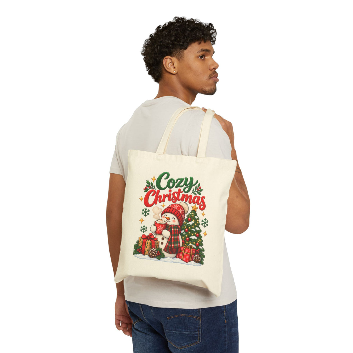 Cozy Christmas Snowman Tote Bag, Christmas Canvas Shopping Bag, Holiday Gift