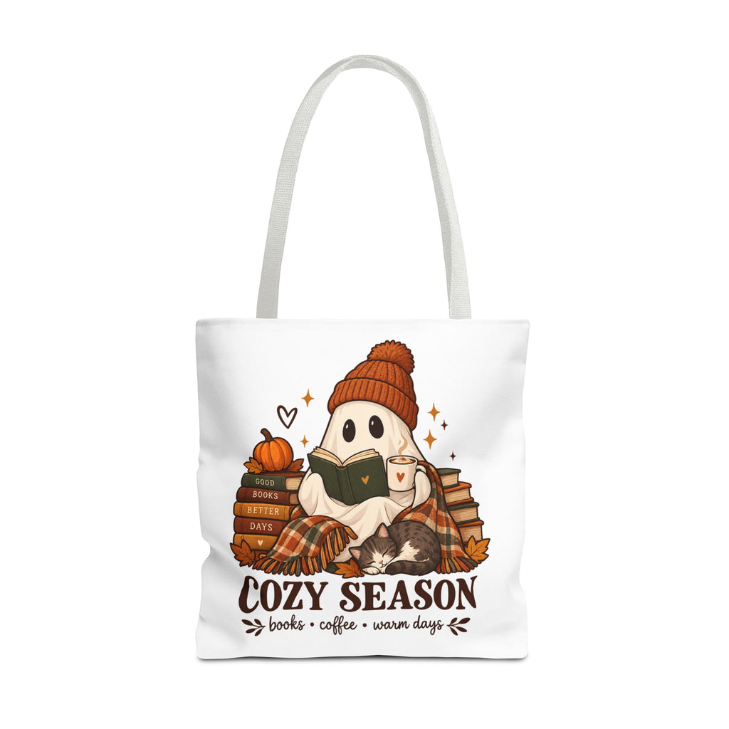 Cozy Season Tote Bag – Autumn Ghost Reading with Books, Coffee & Warm Days