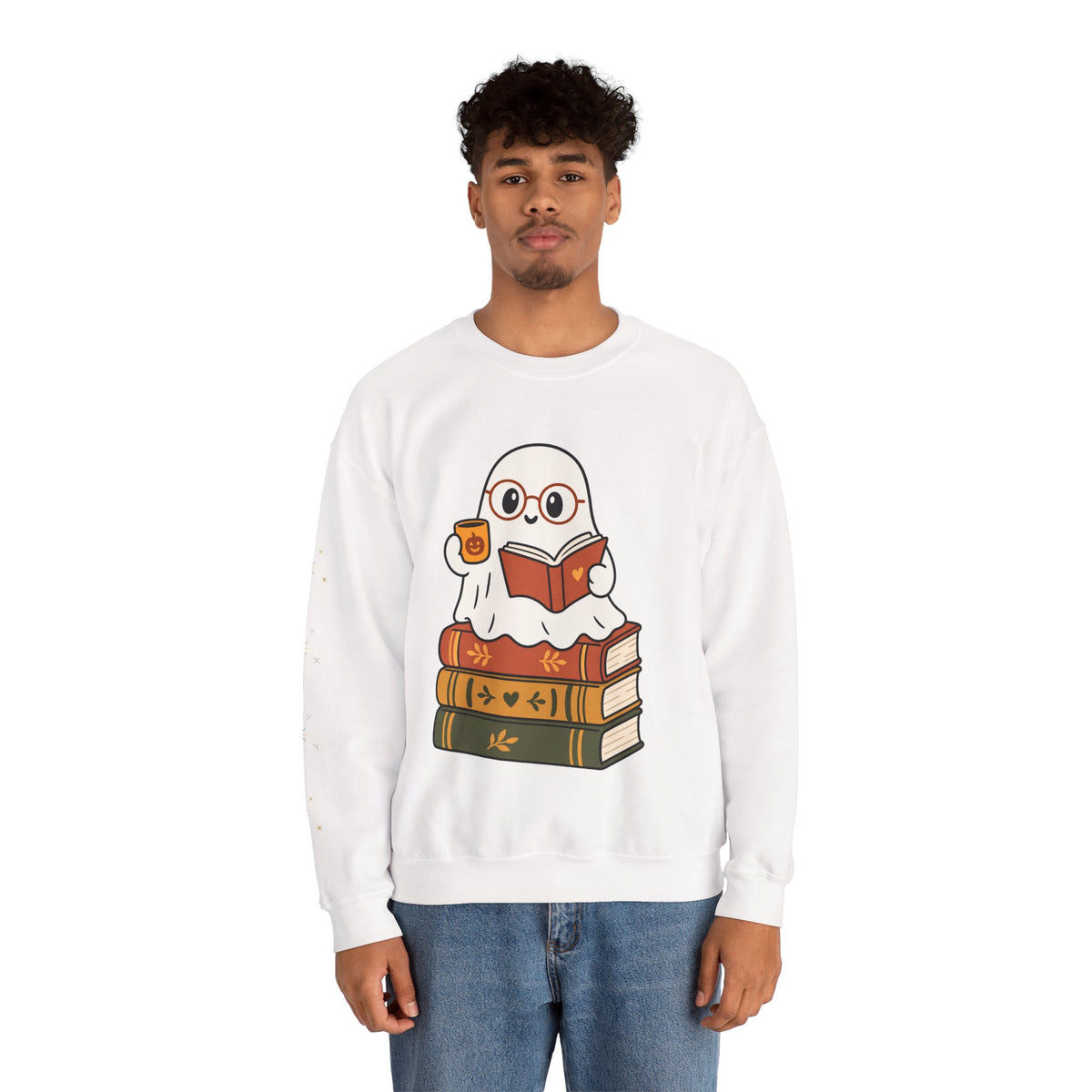 Ghost Reader Sweatshirt — Cute Bookworm Ghost on Stacked Books with Coffee
