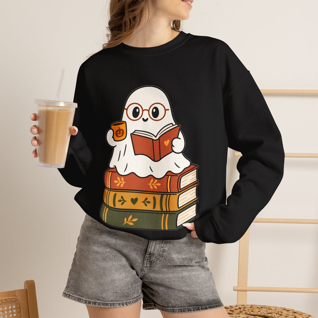 Ghost Reader Sweatshirt — Cute Bookworm Ghost on Stacked Books with Coffee