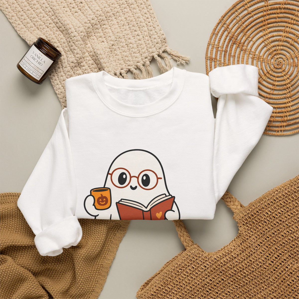Ghost Reader Sweatshirt — Cute Bookworm Ghost on Stacked Books with Coffee
