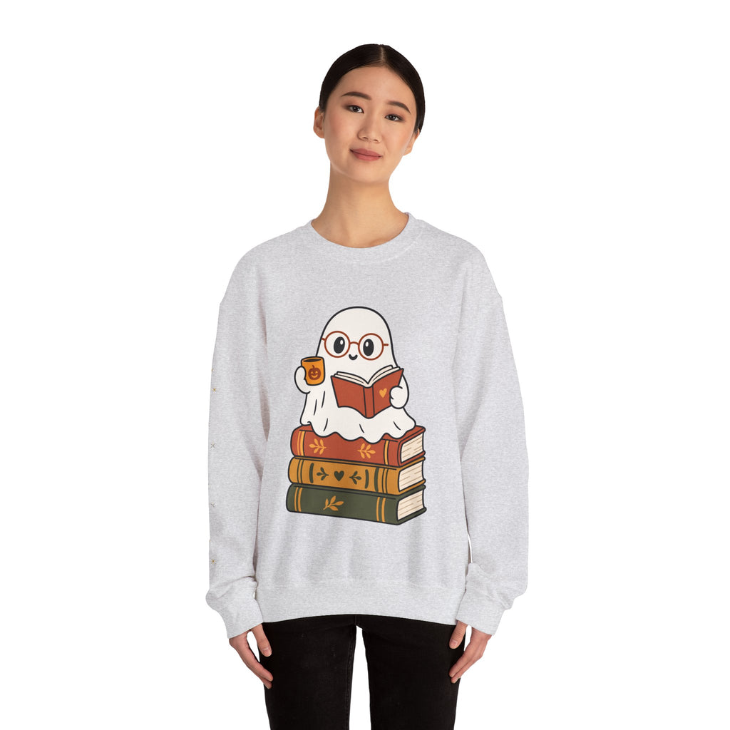 Ghost Reader Sweatshirt — Cute Bookworm Ghost on Stacked Books with Coffee