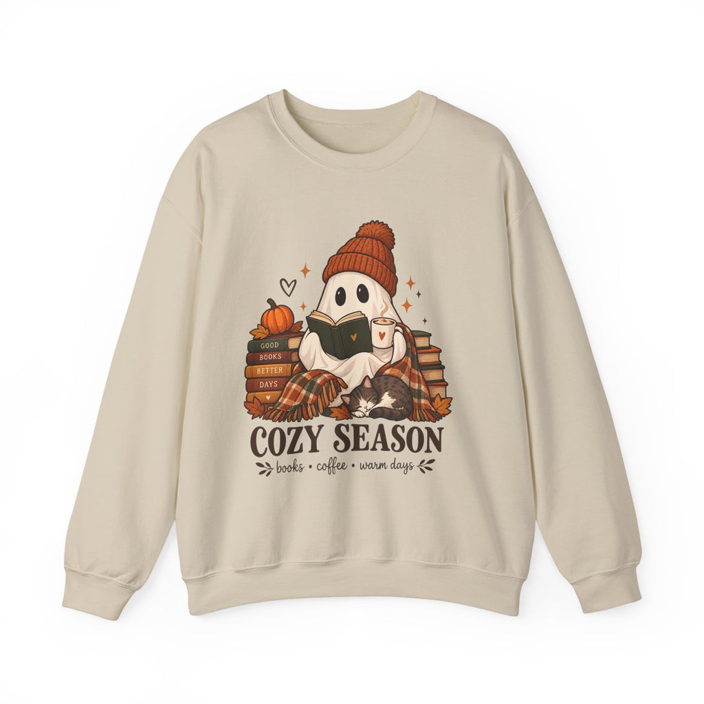 Cozy Season Sweatshirt — Cute Ghost with Books, Coffee & Warm Vibes