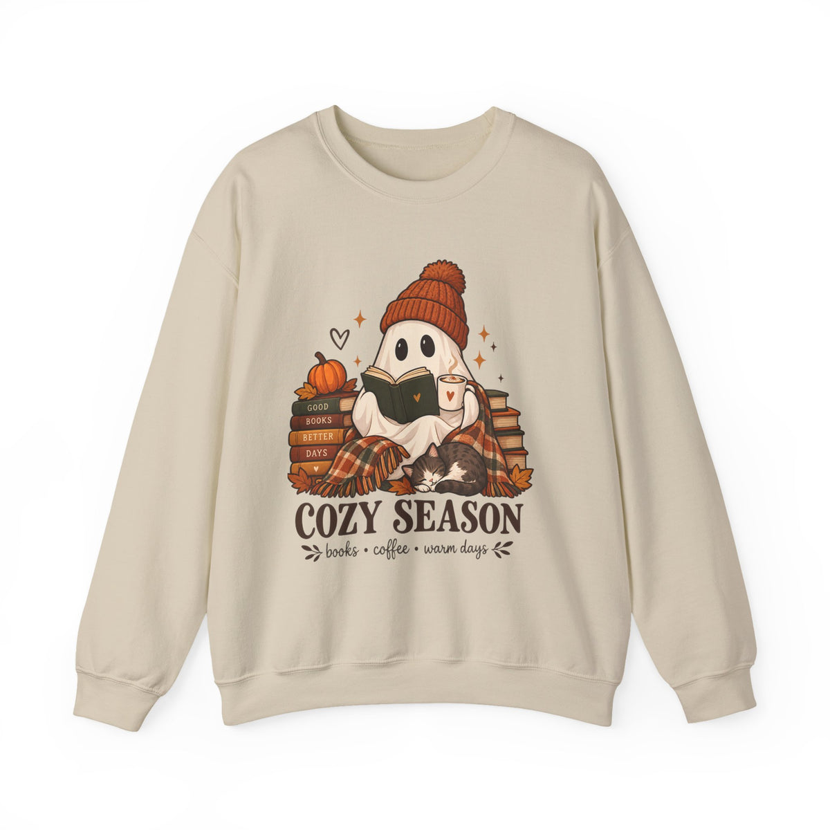 Cozy Season Sweatshirt — Cute Ghost with Books, Coffee & Warm Vibes