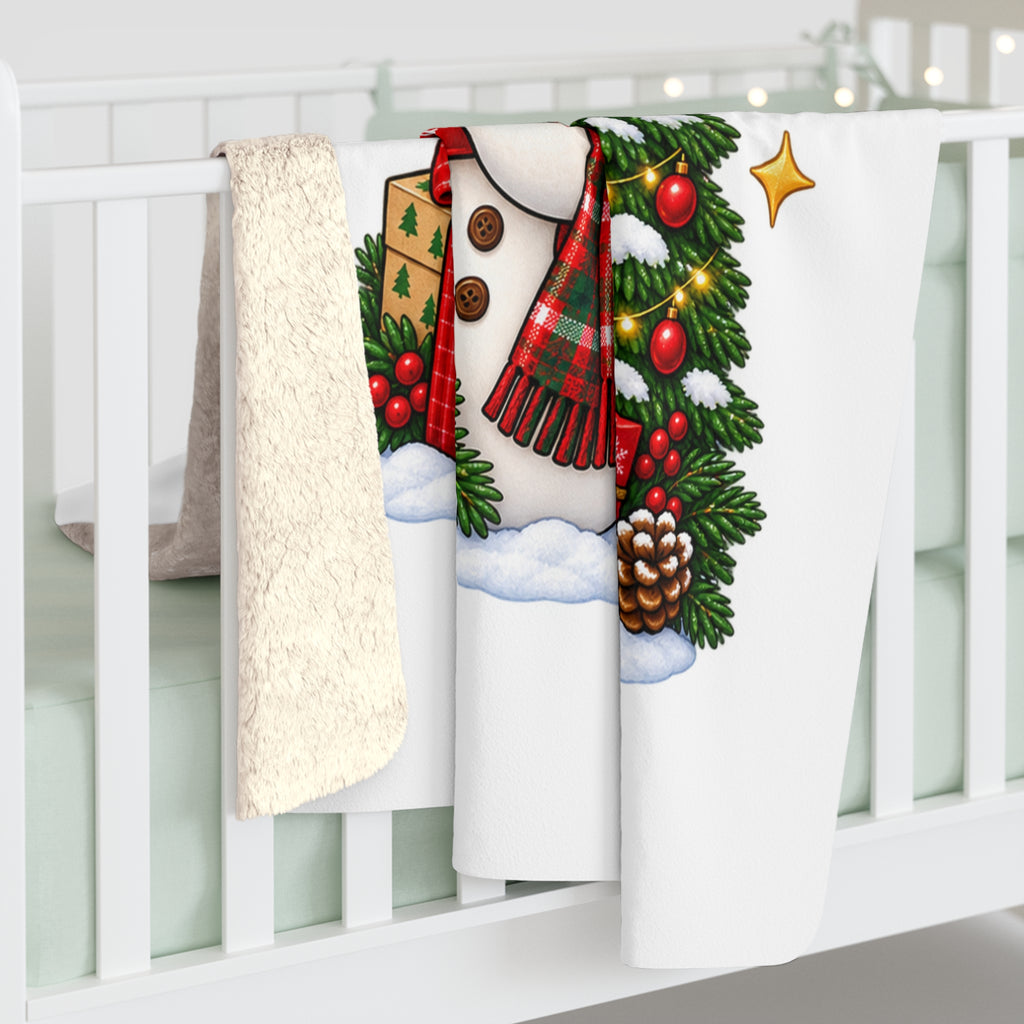 Cozy Christmas Sherpa Blanket 50x60, Snowman Holiday Throw, Soft Fleece Christmas Gift