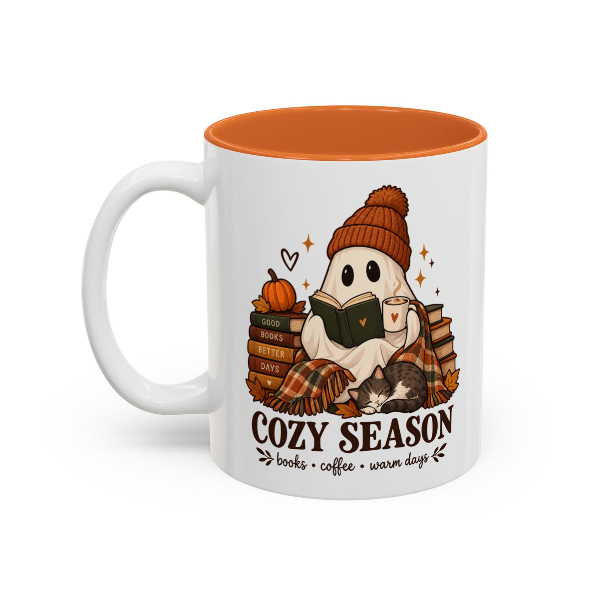 Cozy Season Ghost Accent Mug — Reading Ghost with Cat 11oz/15oz