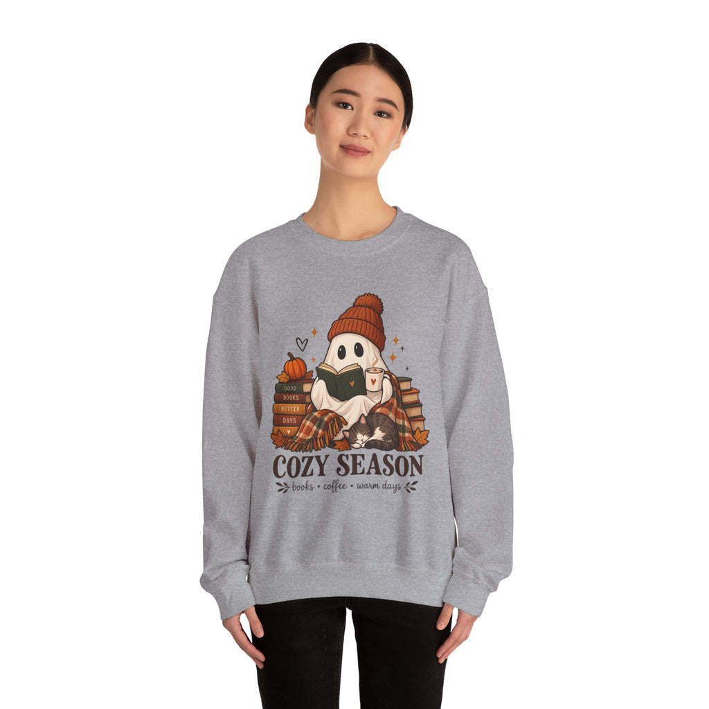 Cozy Season Sweatshirt — Cute Ghost with Books, Coffee & Warm Vibes