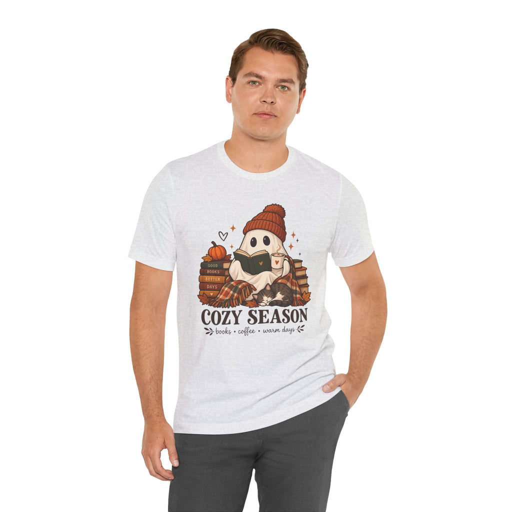 Cute Ghost with Books, Pumpkin & 'Cozy Season' Fall Shirt