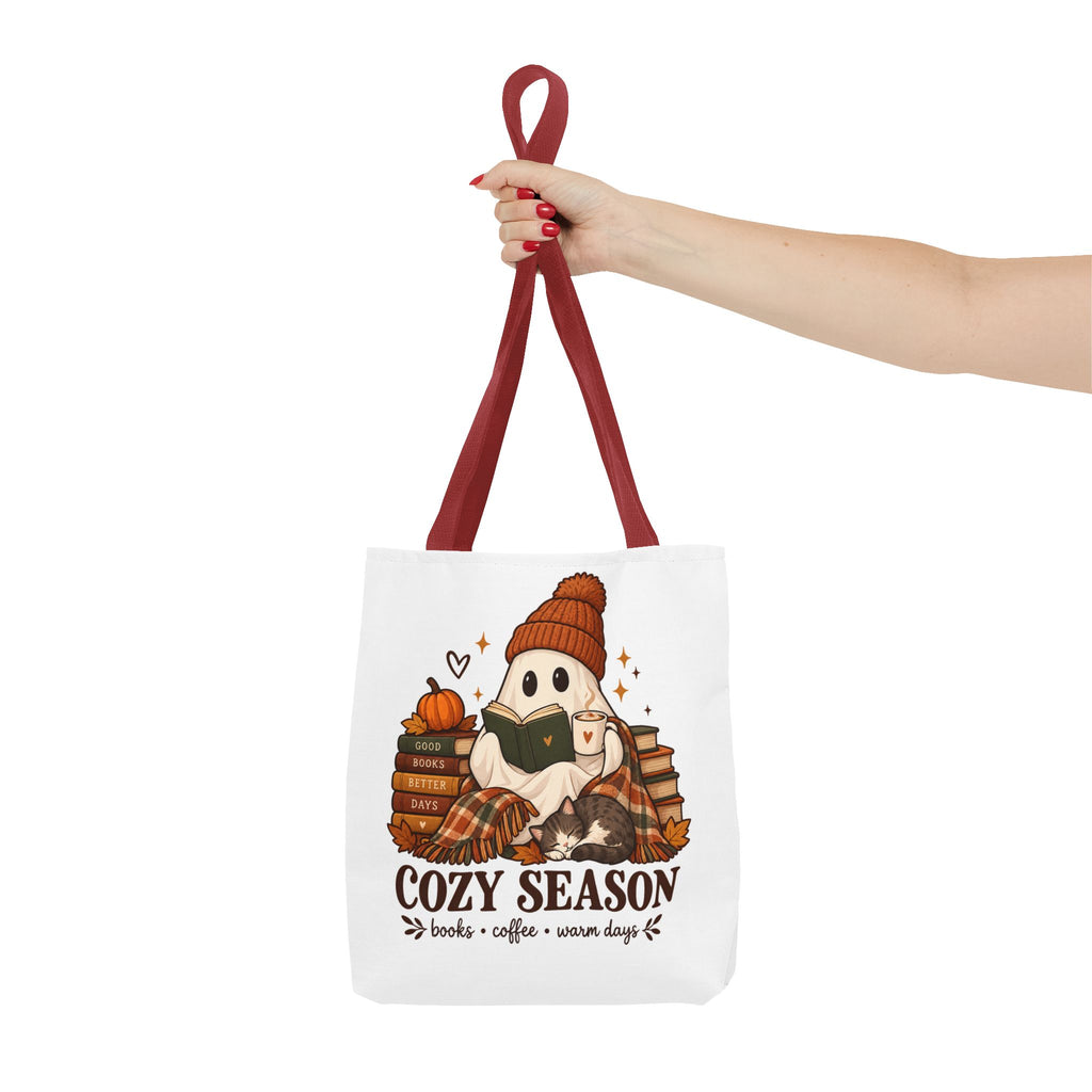 Cozy Season Tote Bag – Autumn Ghost Reading with Books, Coffee & Warm Days