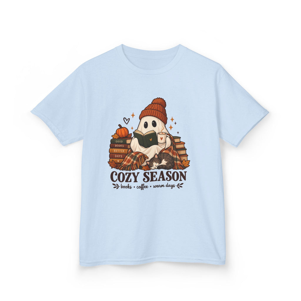 Kids Tee — "Cozy Season" Cute Ghost with Books & Pumpkin Fall Shirt