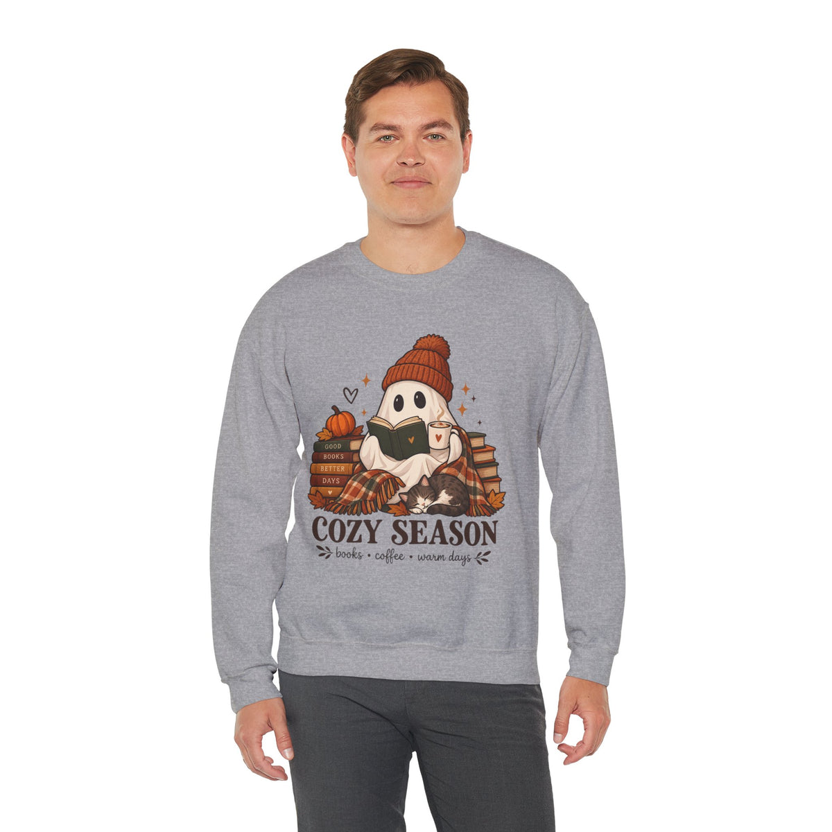 Cozy Season Sweatshirt — Cute Ghost with Books, Coffee & Warm Vibes