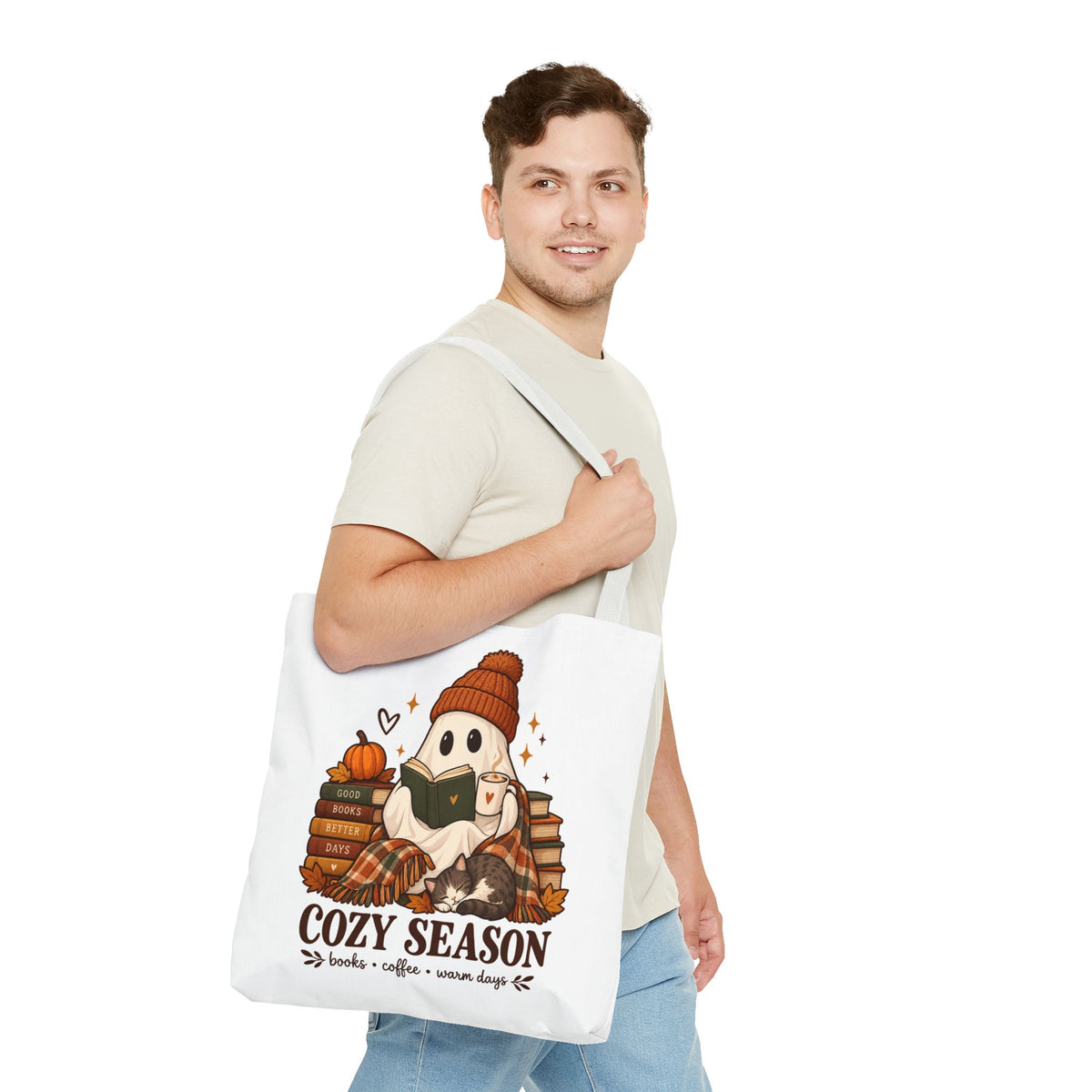 Cozy Season Tote Bag – Autumn Ghost Reading with Books, Coffee & Warm Days