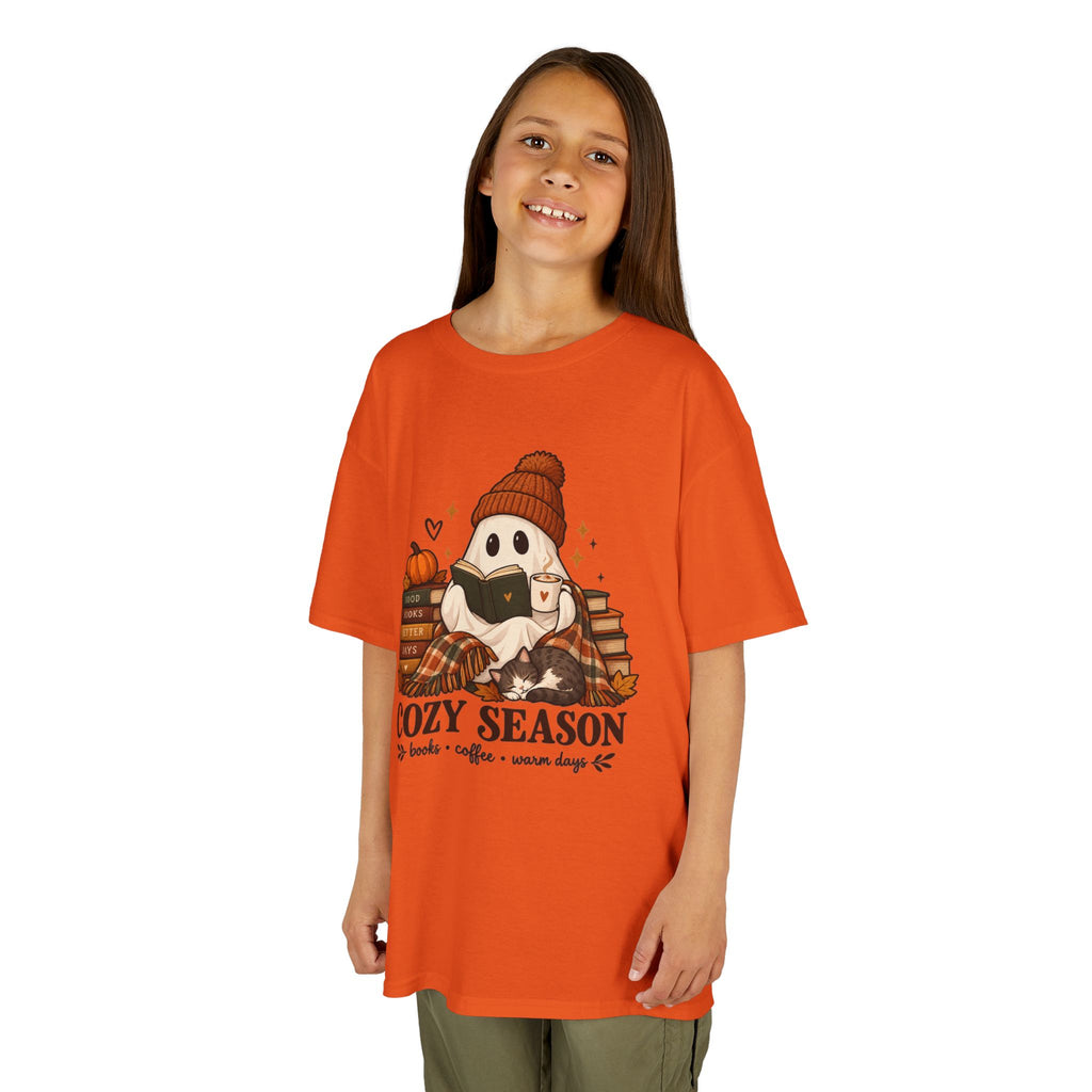 Kids Tee — "Cozy Season" Cute Ghost with Books & Pumpkin Fall Shirt