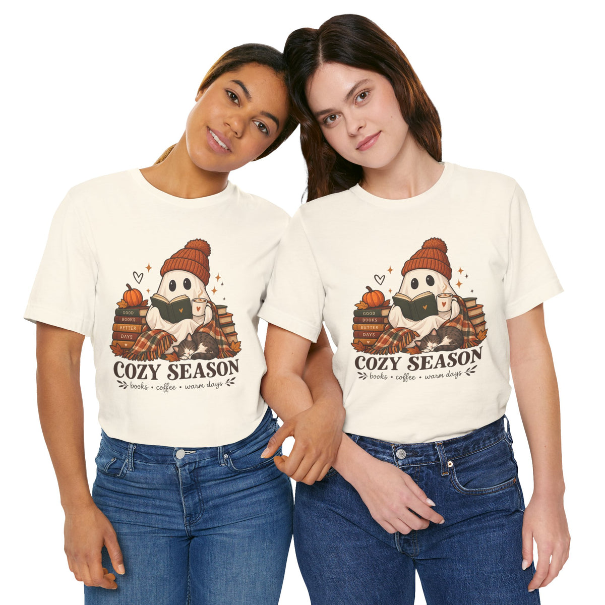 Cute Ghost with Books, Pumpkin & 'Cozy Season' Fall Shirt