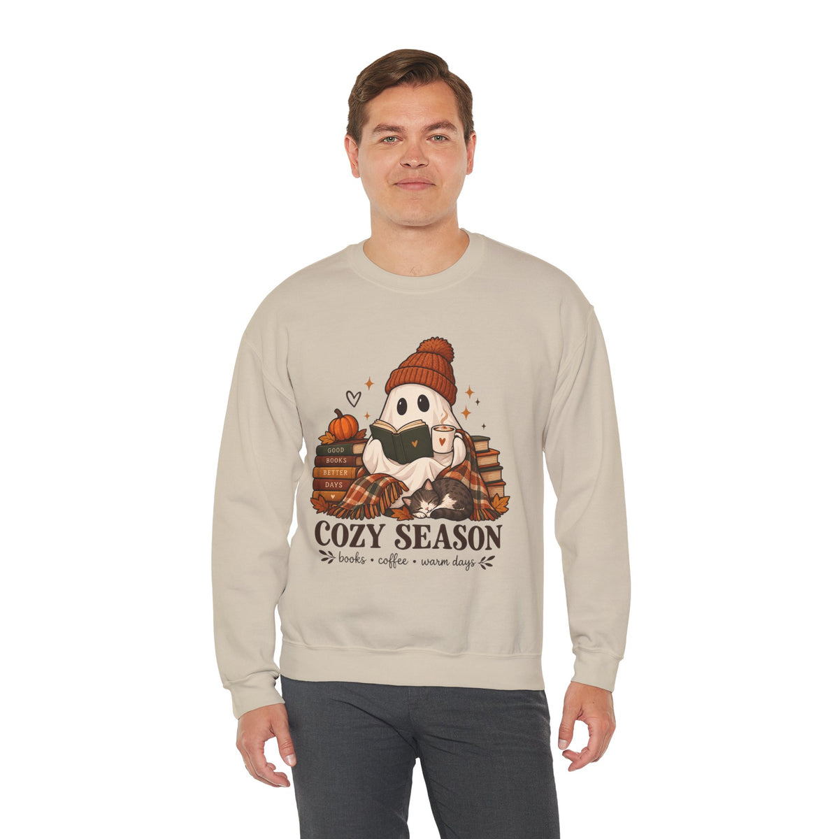 Cozy Season Sweatshirt — Cute Ghost with Books, Coffee & Warm Vibes