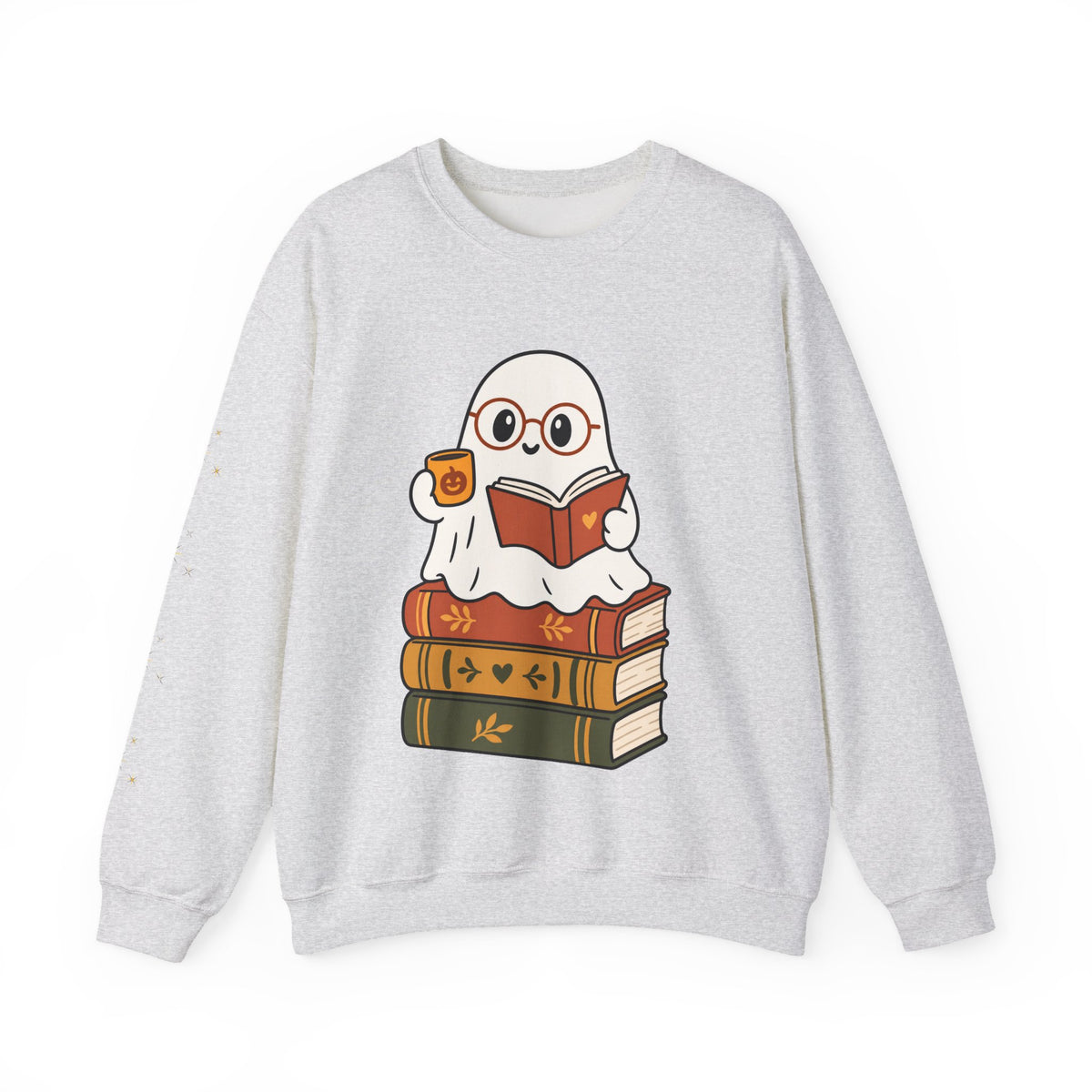 Ghost Reader Sweatshirt — Cute Bookworm Ghost on Stacked Books with Coffee
