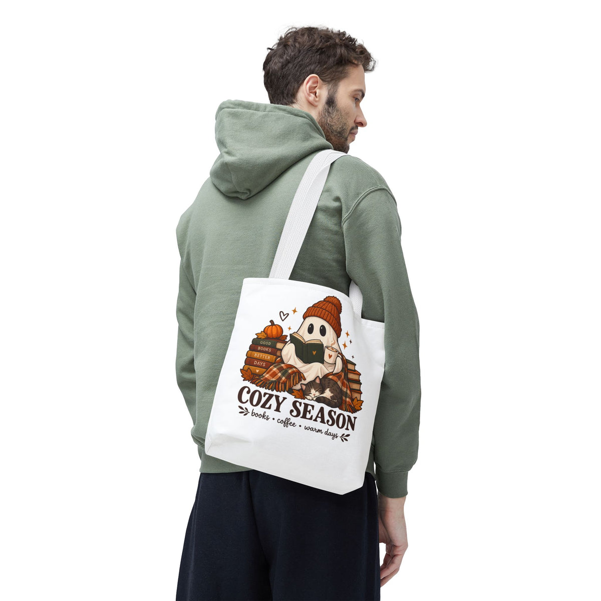 Cozy Season Tote Bag – Autumn Ghost Reading with Books, Coffee & Warm Days