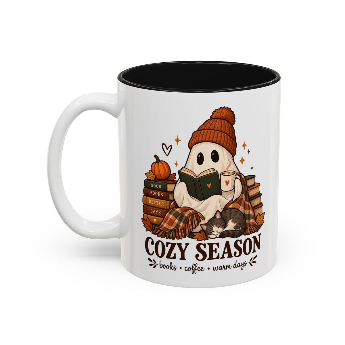 Cozy Season Ghost Accent Mug — Reading Ghost with Cat 11oz/15oz