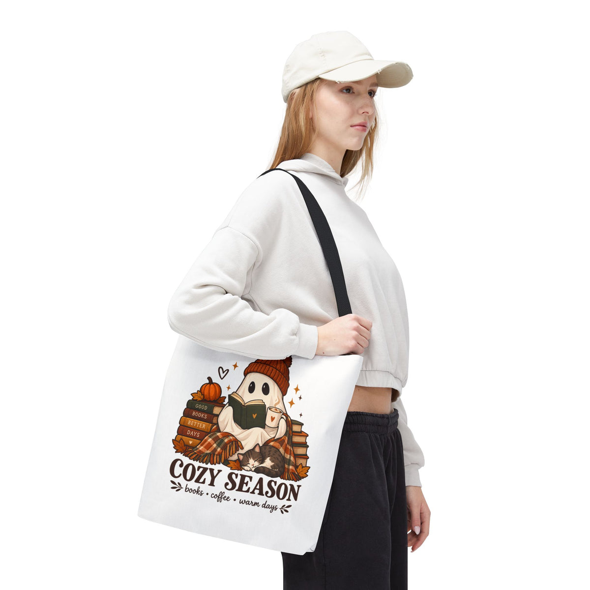 Cozy Season Tote Bag – Autumn Ghost Reading with Books, Coffee & Warm Days