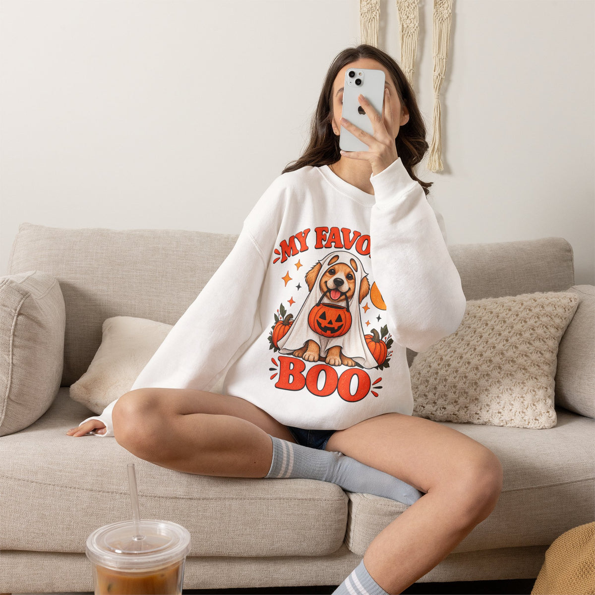 Get into the cozy, spooky spirit with our 'My Dog Is My Favorite Boo' Crewneck Sweatshirt!