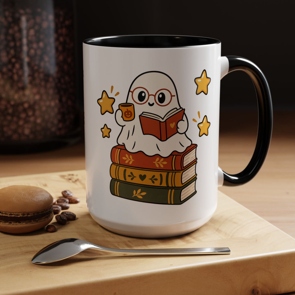 Reading Ghost Coffee Mug — Cute Halloween Book Lover Accent Mug 11oz / 15oz