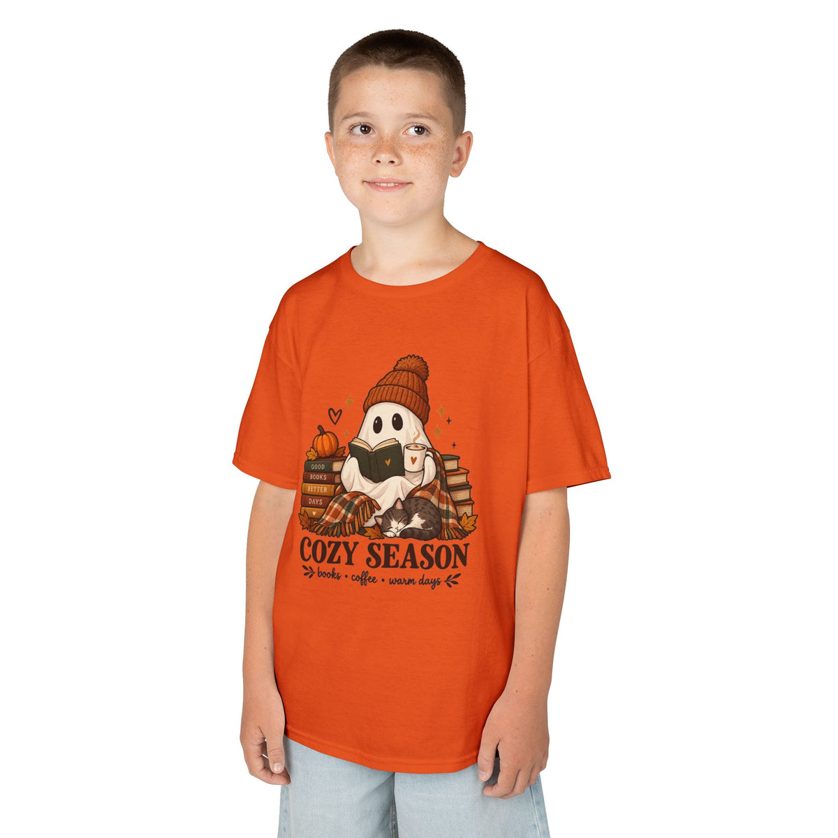 Kids Tee — "Cozy Season" Cute Ghost with Books & Pumpkin Fall Shirt