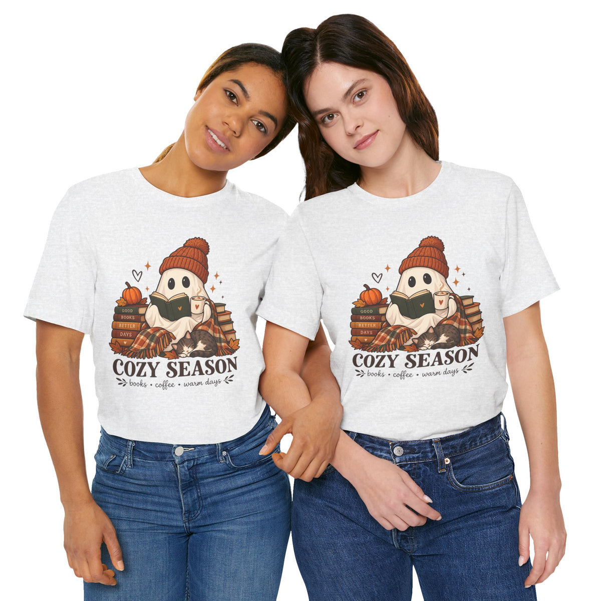 Cute Ghost with Books, Pumpkin & 'Cozy Season' Fall Shirt