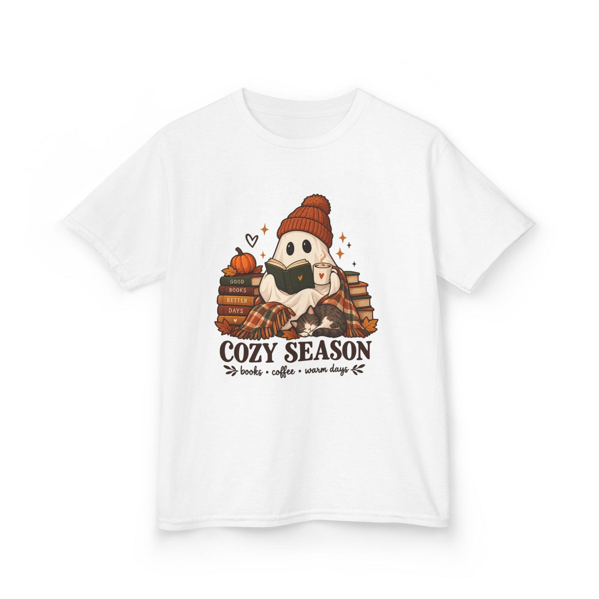 Kids Tee — "Cozy Season" Cute Ghost with Books & Pumpkin Fall Shirt
