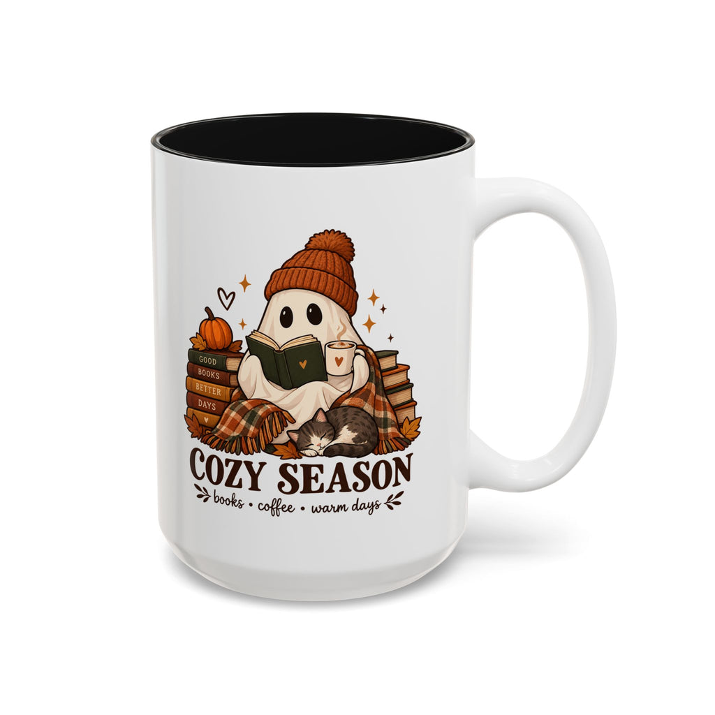 Cozy Season Ghost Accent Mug — Reading Ghost with Cat 11oz/15oz