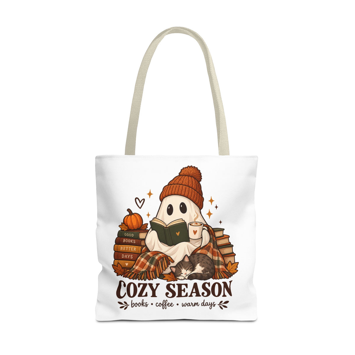 Cozy Season Tote Bag – Autumn Ghost Reading with Books, Coffee & Warm Days
