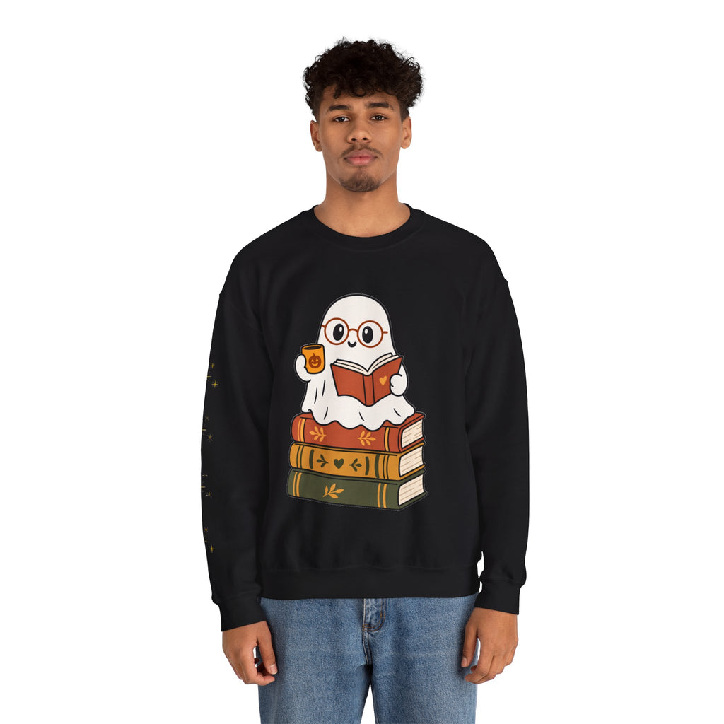 Ghost Reader Sweatshirt — Cute Bookworm Ghost on Stacked Books with Coffee
