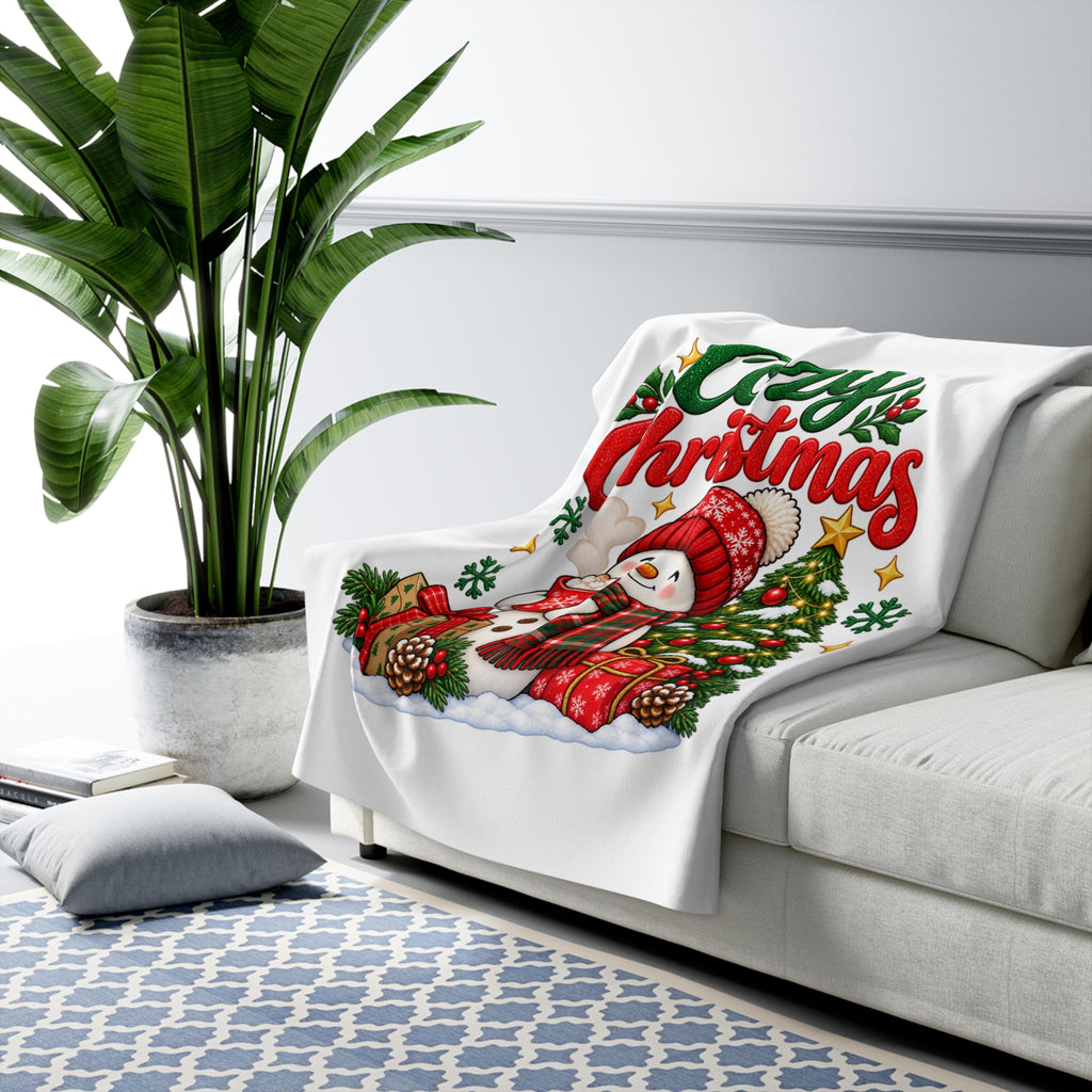 Cozy Christmas Sherpa Blanket 50x60, Snowman Holiday Throw, Soft Fleece Christmas Gift