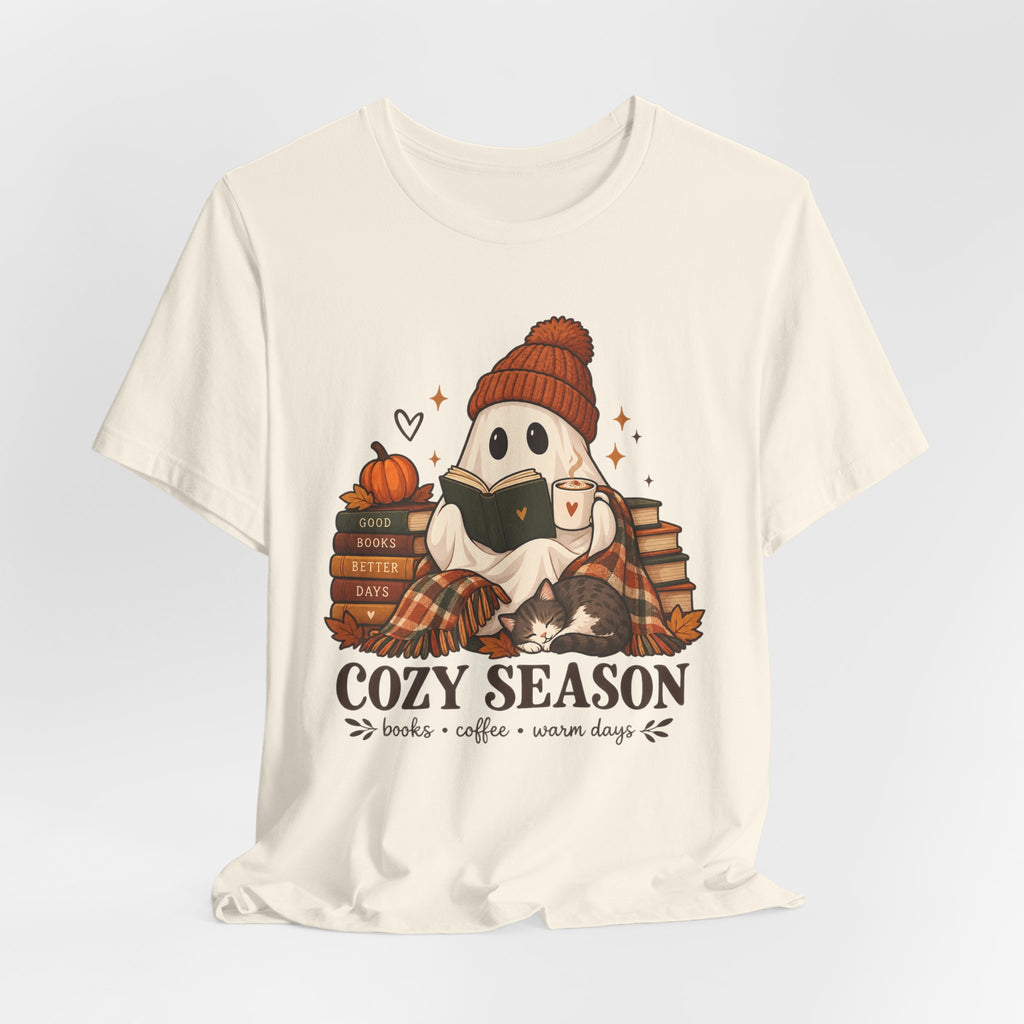 Cute Ghost with Books, Pumpkin & 'Cozy Season' Fall Shirt