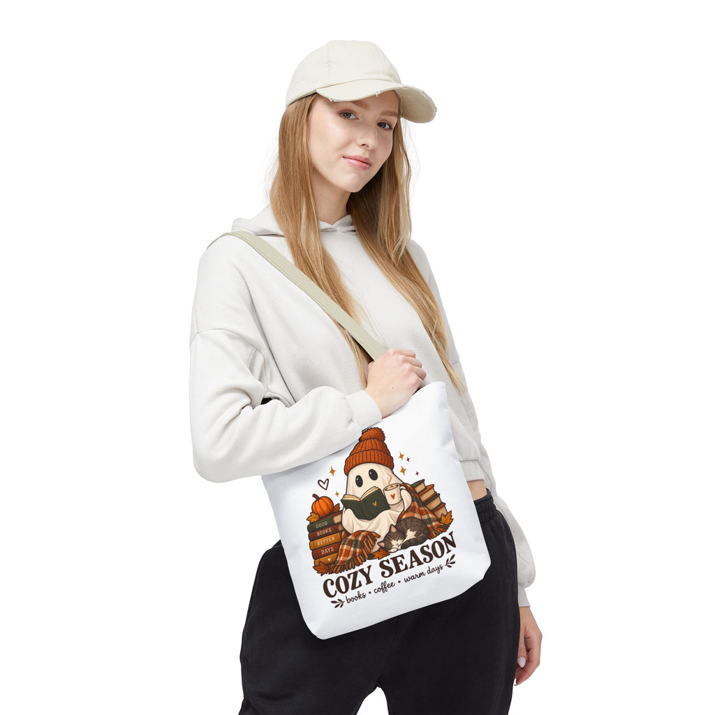 Cozy Season Tote Bag – Autumn Ghost Reading with Books, Coffee & Warm Days