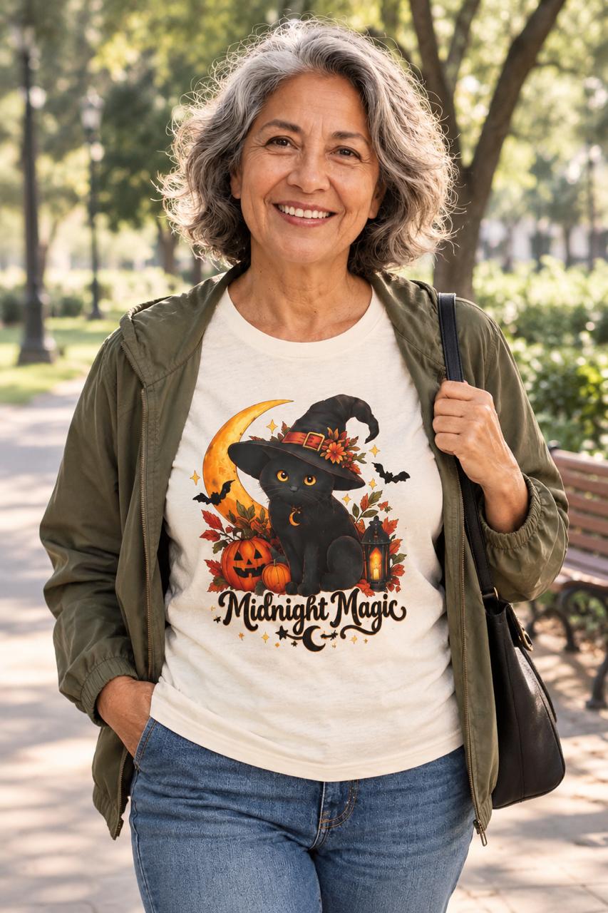 Unisex Retro Halloween Cat Shirt | Spooky Moon Witchy Kitty Graphic Tee - FREE SHIPPING