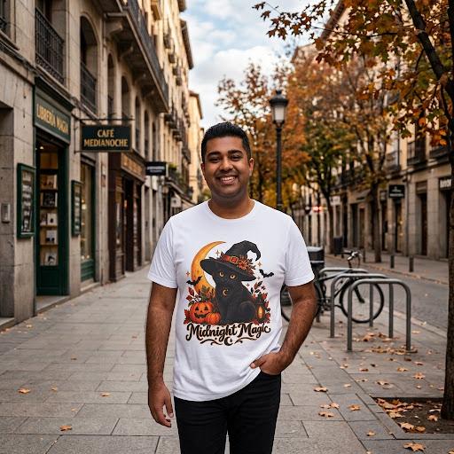 Unisex Retro Halloween Cat Shirt | Spooky Moon Witchy Kitty Graphic Tee - FREE SHIPPING