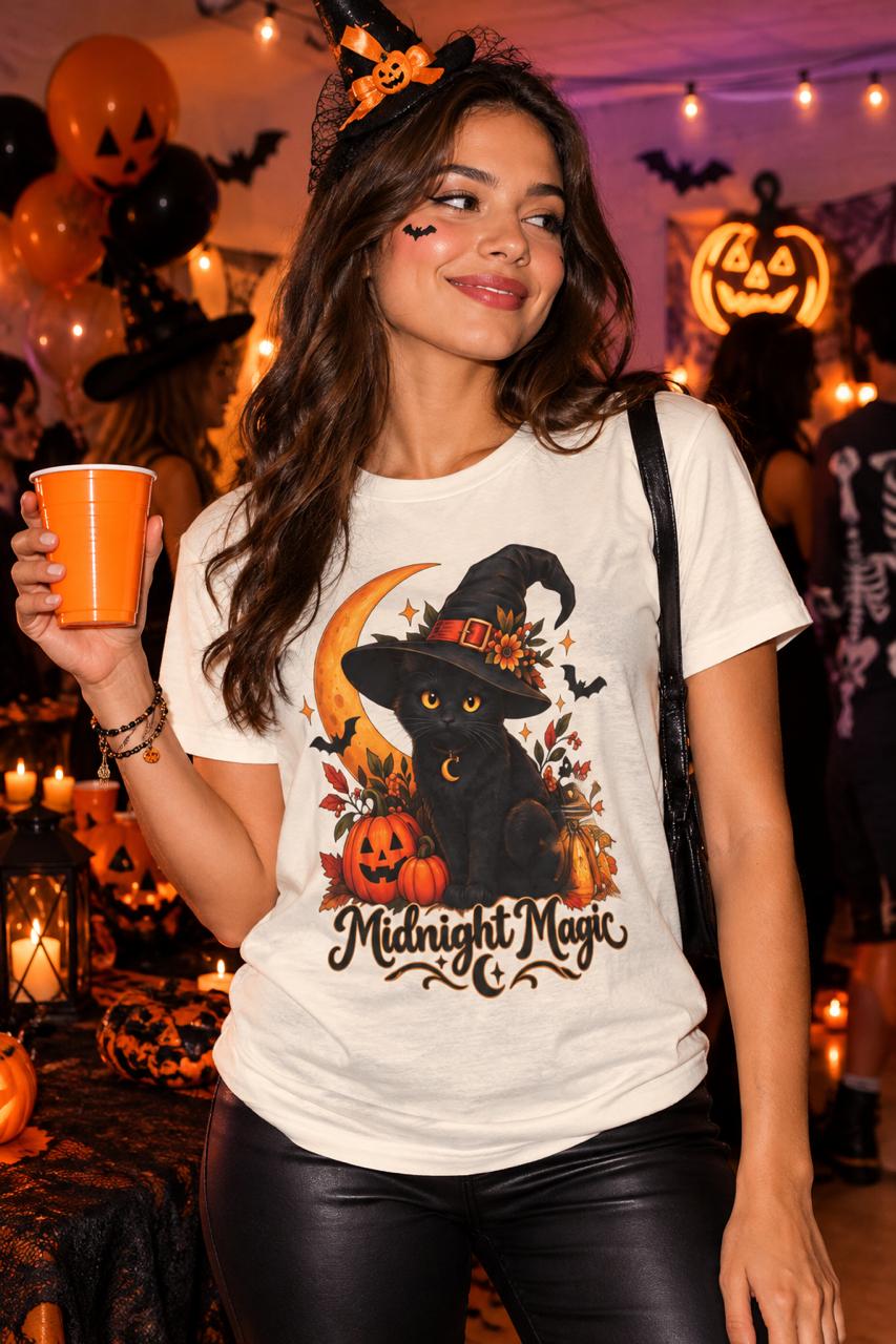 Unisex Retro Halloween Cat Shirt | Spooky Moon Witchy Kitty Graphic Tee - FREE SHIPPING