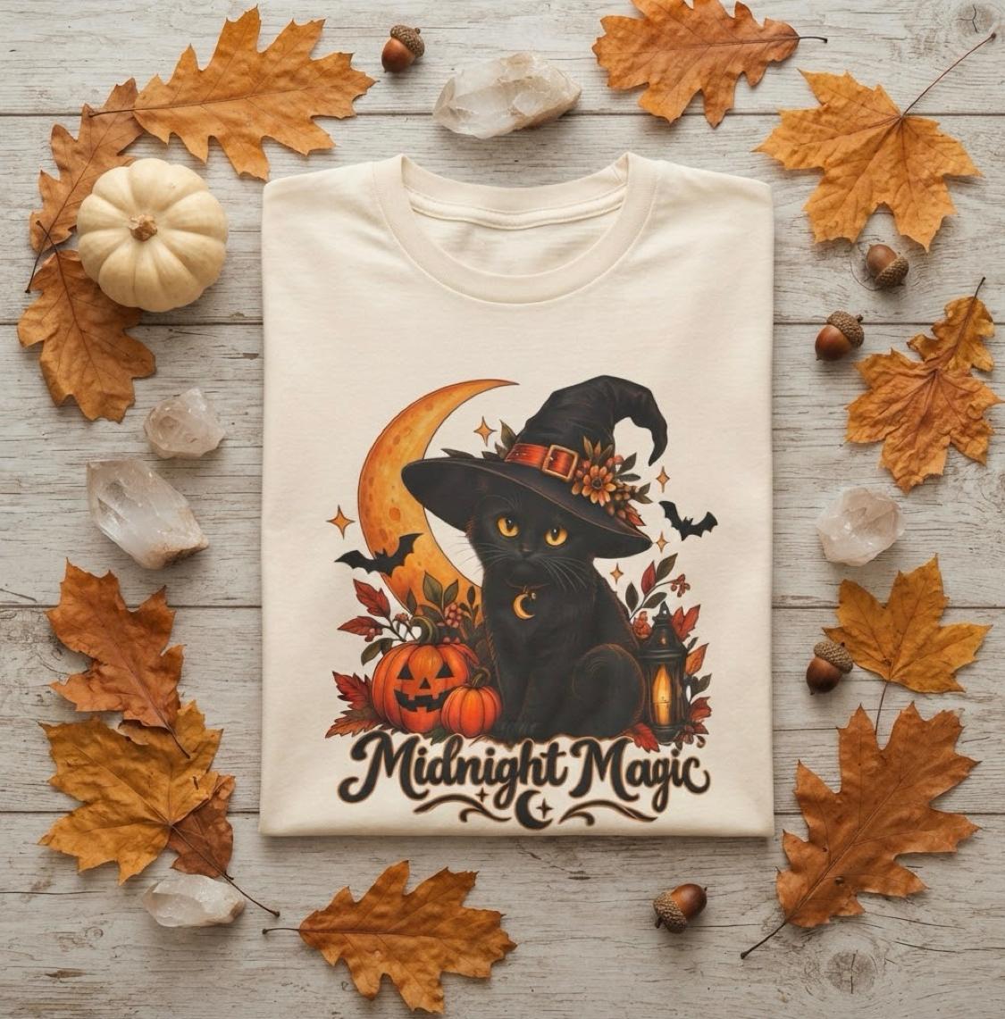 Unisex Retro Halloween Cat Shirt | Spooky Moon Witchy Kitty Graphic Tee - FREE SHIPPING